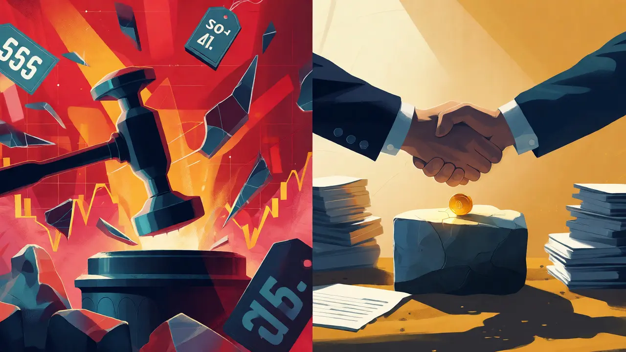 Split conceptual art comparing chaotic auction risks with the calm certainty of private sales.