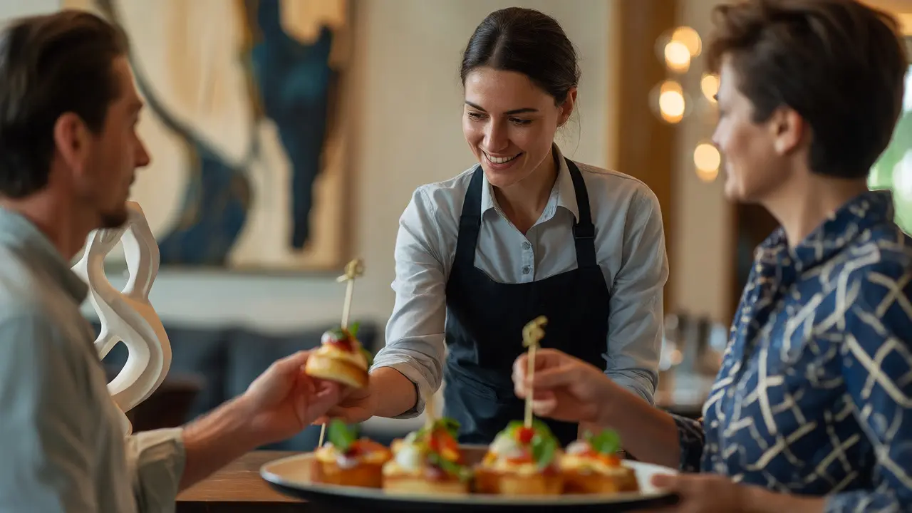 Staff member engaging with guests holding one-handed appetizers near artwork.