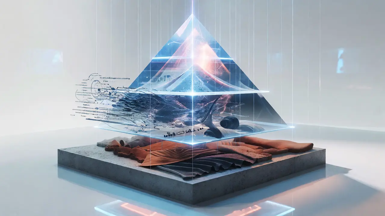 Translucent pyramid structure visualizing the What, How, and Why framework