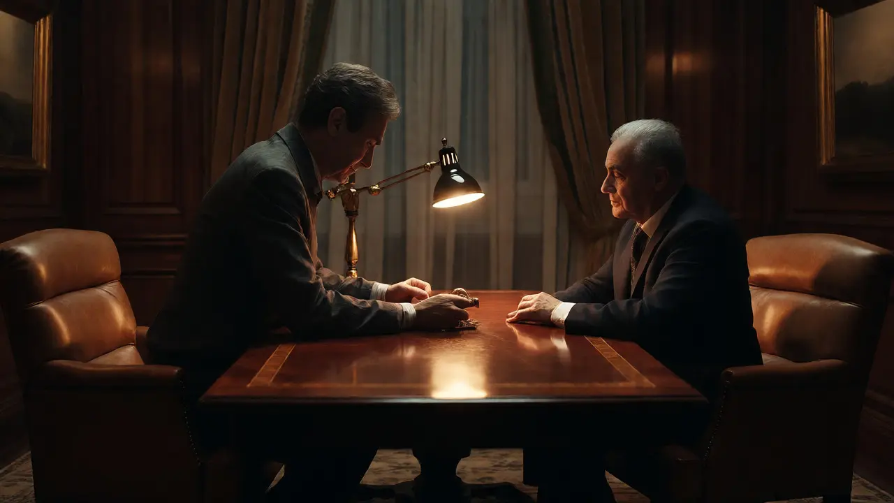 Two people negotiating privately in a dimly lit, wood-paneled office over a small collectible item.