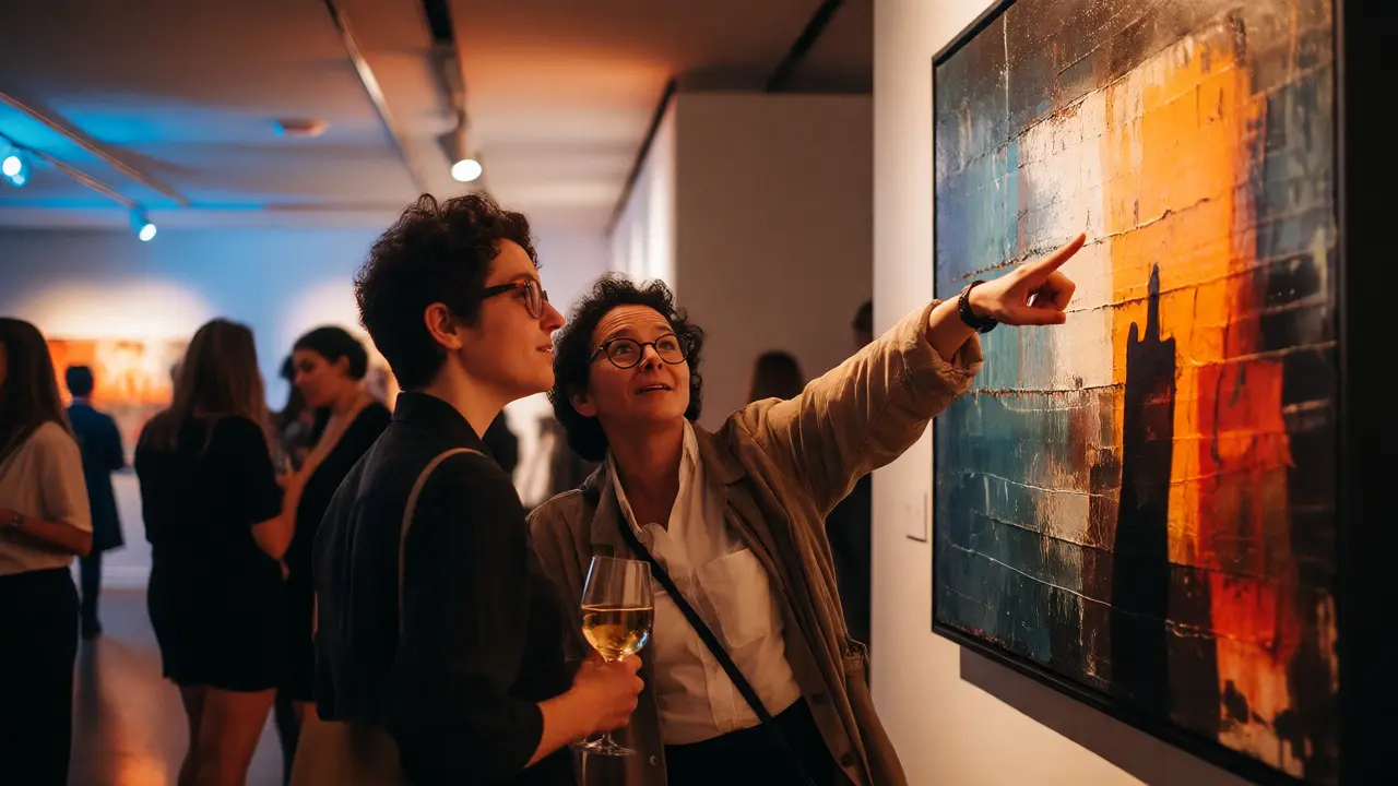 Visitors discussing an abstract painting during a lively gallery opening night
