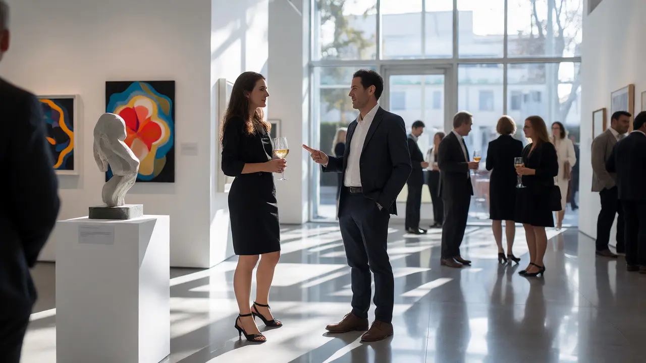 Woman networking with a gallerist at a bright art opening event